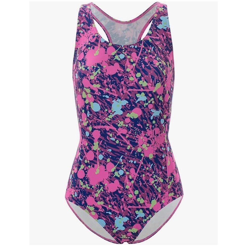 Beleroy Sports Girls One Piece Swimsuit Paint Splatter Pink Purple Size 10 NWT